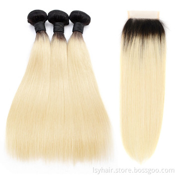 Lsy Wholesale Hair Weave  Pre Colored  613 Blonde Dark Black Root Human Hair Peruvian Straight Wave With Closure